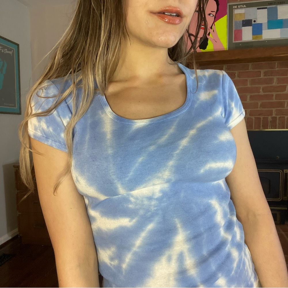Vintage 90s Y2K Cloud Tie Dye California Made Fitted Baby Scoop Neck Pas… - Picture 5 of 12